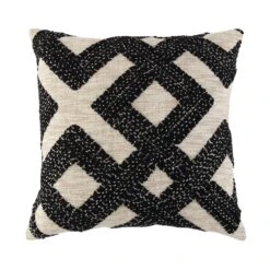 Baja Monochrome Geometric Embroidered Cushion - Black & White Cotton Silk Slub Decorative Pillow -Daals Store HW CUSH BAJA GEO45 WB1