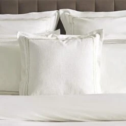 Belvedere White and Champagne Gold Triple Line Cord Embroidered Cotton Cushion - 50x50cm