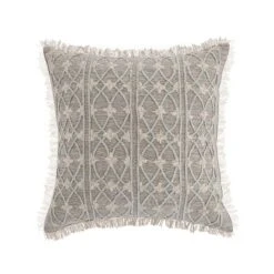 Bloomsbury Regale Grey & Off-White Chenille Embroidered Round Lattice Fringed Cotton Cushion