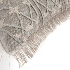 Bloomsbury Regale Grey & Off-White Chenille Embroidered Round Lattice Fringed Cotton Cushion -Daals Store HW CUSH BLOOMSBURY REGALE detail3