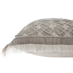Bloomsbury Regale Grey & Off-White Chenille Embroidered Round Lattice Fringed Cotton Cushion -Daals Store HW CUSH BLOOMSBURY REGALE detail4