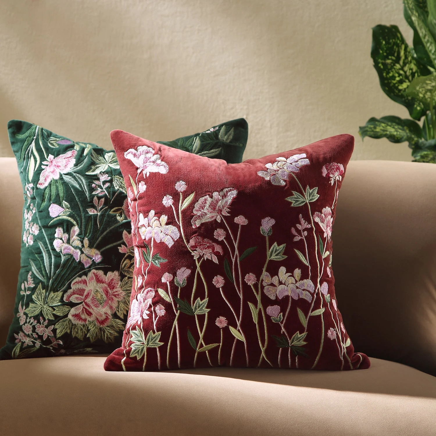 Botanica Collection Mulberry Velvet Hand Embroidered Floral Cushion - Pink Roses & Lilac Iris 1 Botanica Collection Mulberry Velvet Hand Embroidered Floral Cushion - Pink Roses & Lilac Iris