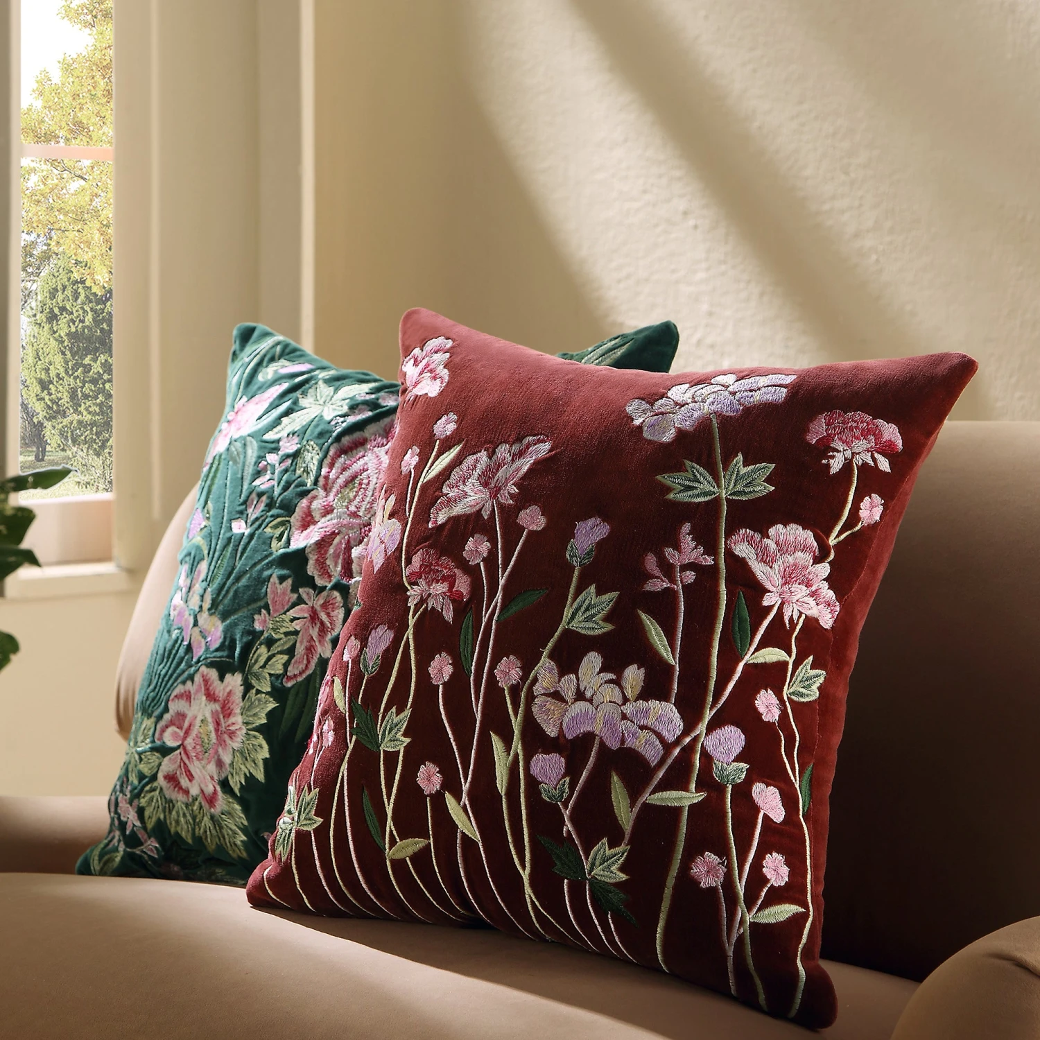 Botanica Collection Mulberry Velvet Hand Embroidered Floral Cushion - Pink Roses & Lilac Iris 2 Botanica Collection Mulberry Velvet Hand Embroidered Floral Cushion - Pink Roses & Lilac Iris - Image 2