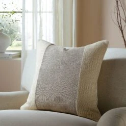 Bronte Collection Beige Cotton Patchwork Cushion – Natural Slub Textured Decorative Pillow -Daals Store HW CUSH BRONTEPATCH45 scene1