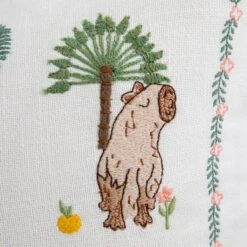 Capybaras and Yuzu Hand Embroidered White Cotton Cushion – Whimsical Animals Series 50x50cm -Daals Store HW CUSH CAPYBARA detail5