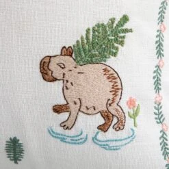 Capybaras and Yuzu Hand Embroidered White Cotton Cushion – Whimsical Animals Series 50x50cm -Daals Store HW CUSH CAPYBARA detail6