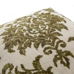 Damask Moss Green Wool Embroidered Cushion – Luxury Scrolled Motif Cotton & Velvet Throw Pillow -Daals Store HW CUSH DAMASK MOSS detail1
