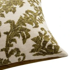 Damask Moss Green Wool Embroidered Cushion – Luxury Scrolled Motif Cotton & Velvet Throw Pillow -Daals Store HW CUSH DAMASK MOSS detail2