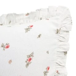 Darcy Rose Ivory White and Pink Floral Embroidered Ruffle Linen Blend Cushion -Daals Store HW CUSH DARCY ROSE detail1