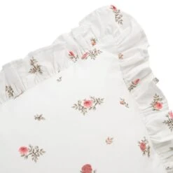 Darcy Rose Ivory White and Pink Floral Embroidered Ruffle Linen Blend Cushion -Daals Store HW CUSH DARCY ROSE detail2