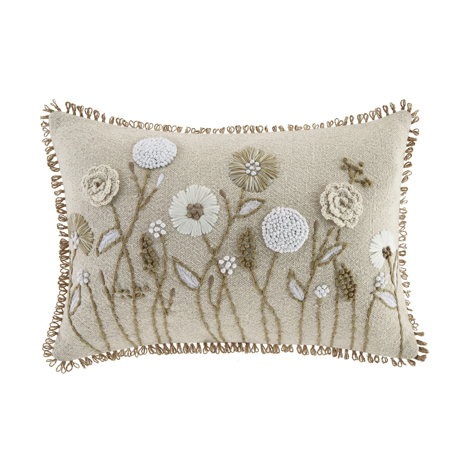 Delilah Rectangular Cushion β Hand Embroidered Crochet Flowers & Jute Lace Detail 1 Delilah Rectangular Cushion β Hand Embroidered Crochet Flowers & Jute Lace Detail
