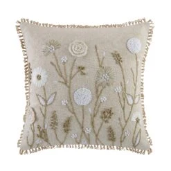 Delilah Floral Crochet Jute Lace Hand Embroidered Cotton Slub Square Cushion - 45x45cm -Daals Store HW CUSH DELILAH45 WB1