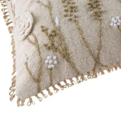 Delilah Floral Crochet Jute Lace Hand Embroidered Cotton Slub Square Cushion - 45x45cm -Daals Store HW CUSH DELILAH45 detail1