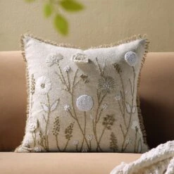 Delilah Floral Crochet Jute Lace Hand Embroidered Cotton Slub Square Cushion - 45x45cm