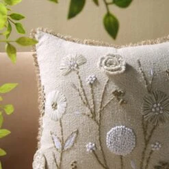 Delilah Floral Crochet Jute Lace Hand Embroidered Cotton Slub Square Cushion - 45x45cm -Daals Store HW CUSH DELILAH45 scene2