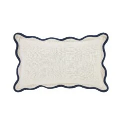 Evie Linen White with Prussian Blue Scalloped Trim - Rectangular Decorative Cushion