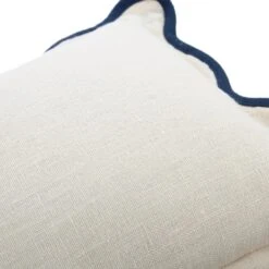 Evie Linen White with Prussian Blue Scalloped Trim - Rectangular Decorative Cushion -Daals Store HW CUSH EVIELINEN BLUE35 detail2