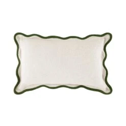 Evie Linen Scalloped Rectangular Cushion – Cream with Cedar Green Contrast Trim