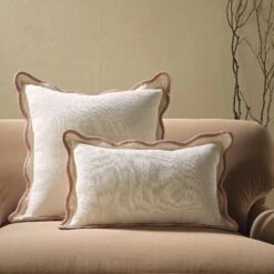 Evie Linen Dusky Pink Scalloped Edge Rectangular Cushion - 35x50cm Natural Linen