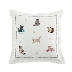 Whimsical Animals Feline Fine Hand Embroidered Cotton Slub Cushion - 50x50 Decorative Cat Pillow -Daals Store HW CUSH FELINE WB1