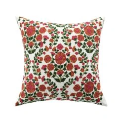 Indra Gardenia Pink Floral Crewelwork Cushion - Handmade 50x50 Wool Embroidered Cotton Throw Pillow