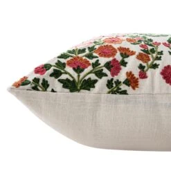 Indra Gardenia Pink Floral Crewelwork Cushion - Handmade 50x50 Wool Embroidered Cotton Throw Pillow -Daals Store HW CUSH GARDENIA detail3