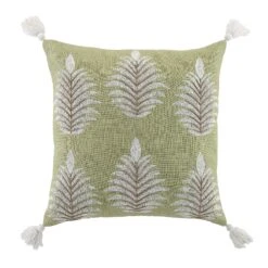 Vine Collection Apple Green Palms Hand Embroidered Beaded Cushion with Tassels -Daals Store HW CUSH GREENPALMS45 WB1