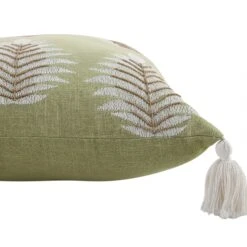 Vine Collection Apple Green Palms Hand Embroidered Beaded Cushion with Tassels -Daals Store HW CUSH GREENPALMS45 detail1