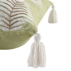 Vine Collection Apple Green Palms Hand Embroidered Beaded Cushion with Tassels -Daals Store HW CUSH GREENPALMS45 detail2