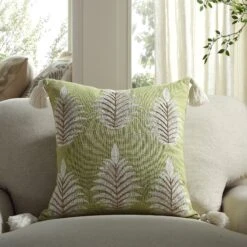 Vine Collection Apple Green Palms Hand Embroidered Beaded Cushion with Tassels