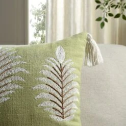 Vine Collection Apple Green Palms Hand Embroidered Beaded Cushion with Tassels -Daals Store HW CUSH GREENPALMS45 scene2
