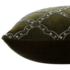 Greta Beaded Moss Green Cotton Velvet Cushion – Luxe Collection Hand-Beaded Lumbar Pillow -Daals Store HW CUSH GRETA30 detail3