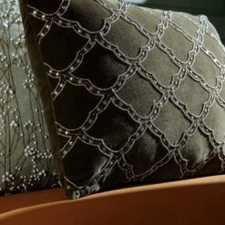 Greta Beaded Moss Green Cotton Velvet Cushion – Luxe Collection Hand-Beaded Lumbar Pillow -Daals Store HW CUSH GRETA30 scene2