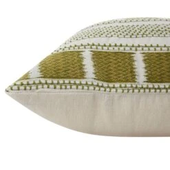 Hattie Green Textured Linear Embroidered 100% Linen Cushion - 50x50cm White Decorative Pillow -Daals Store HW CUSH HATTIE GREEN detail2
