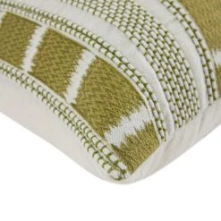 Hattie Green Textured Linear Embroidered 100% Linen Cushion - 50x50cm White Decorative Pillow -Daals Store HW CUSH HATTIE GREEN detail3