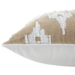 Mahika Ikat Dark Beige Linen Cushion – Handmade French Knot Embroidered Square Pillow -Daals Store HW CUSH IKAT MAHIKA BEIGE detail2