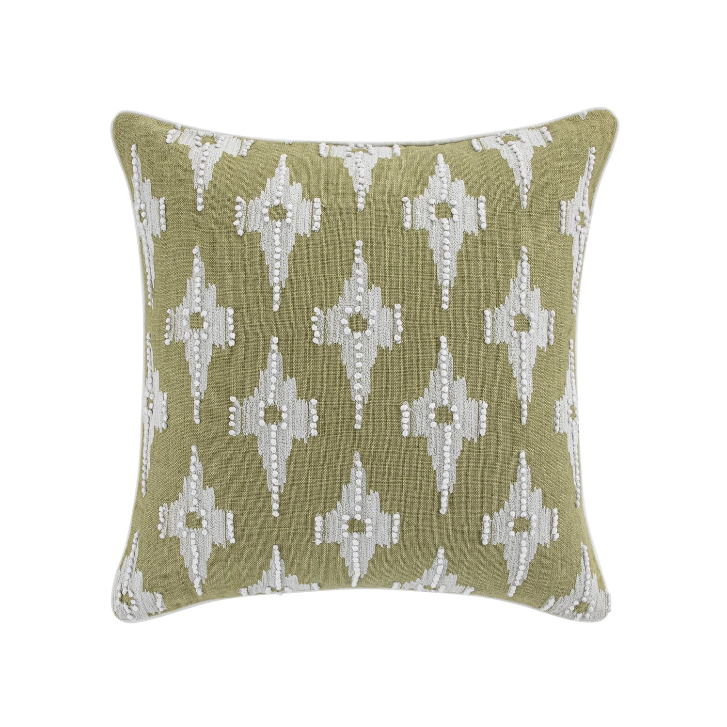 Mahika Sage Green Ikat Linen Cushion β French Knot and Couching Stitch Handmade Pillow 1 Mahika Sage Green Ikat Linen Cushion β French Knot and Couching Stitch Handmade Pillow
