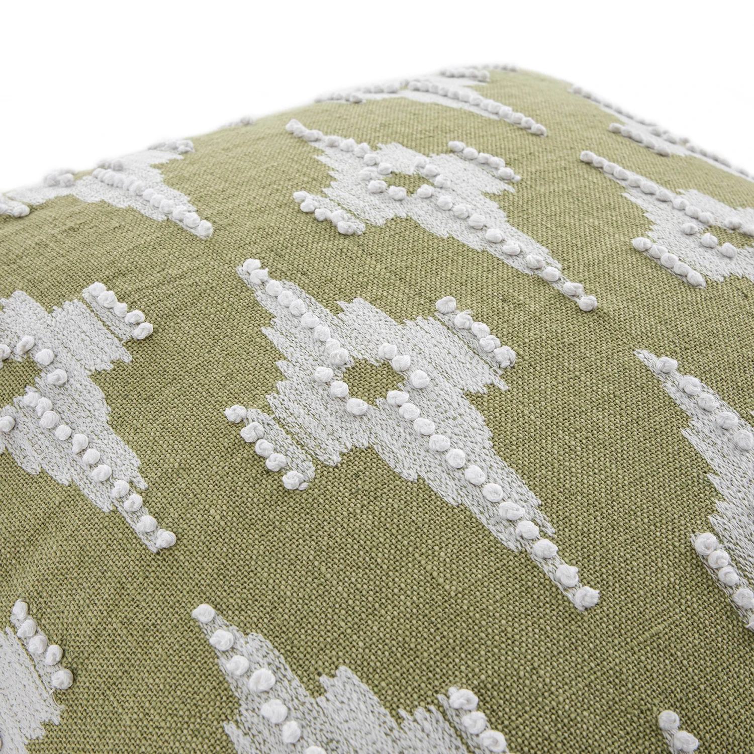 Mahika Sage Green Ikat Linen Cushion β French Knot and Couching Stitch Handmade Pillow 3 Mahika Sage Green Ikat Linen Cushion β French Knot and Couching Stitch Handmade Pillow - Image 3