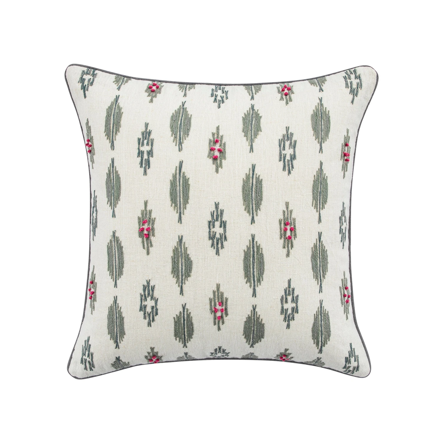 Patola Ikat Slate Blue And Pink French Knot Linen Cushion 1 Patola Ikat Slate Blue And Pink French Knot Linen Cushion