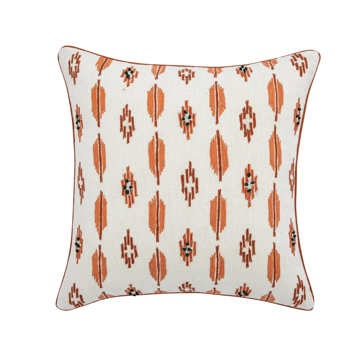 Patola Ikat Orange and Green French Knot Linen Cushion – 50x50 Luxury Hand-Embroidered Pillow 1 Patola Ikat Orange and Green French Knot Linen Cushion – 50x50 Luxury Hand-Embroidered Pillow