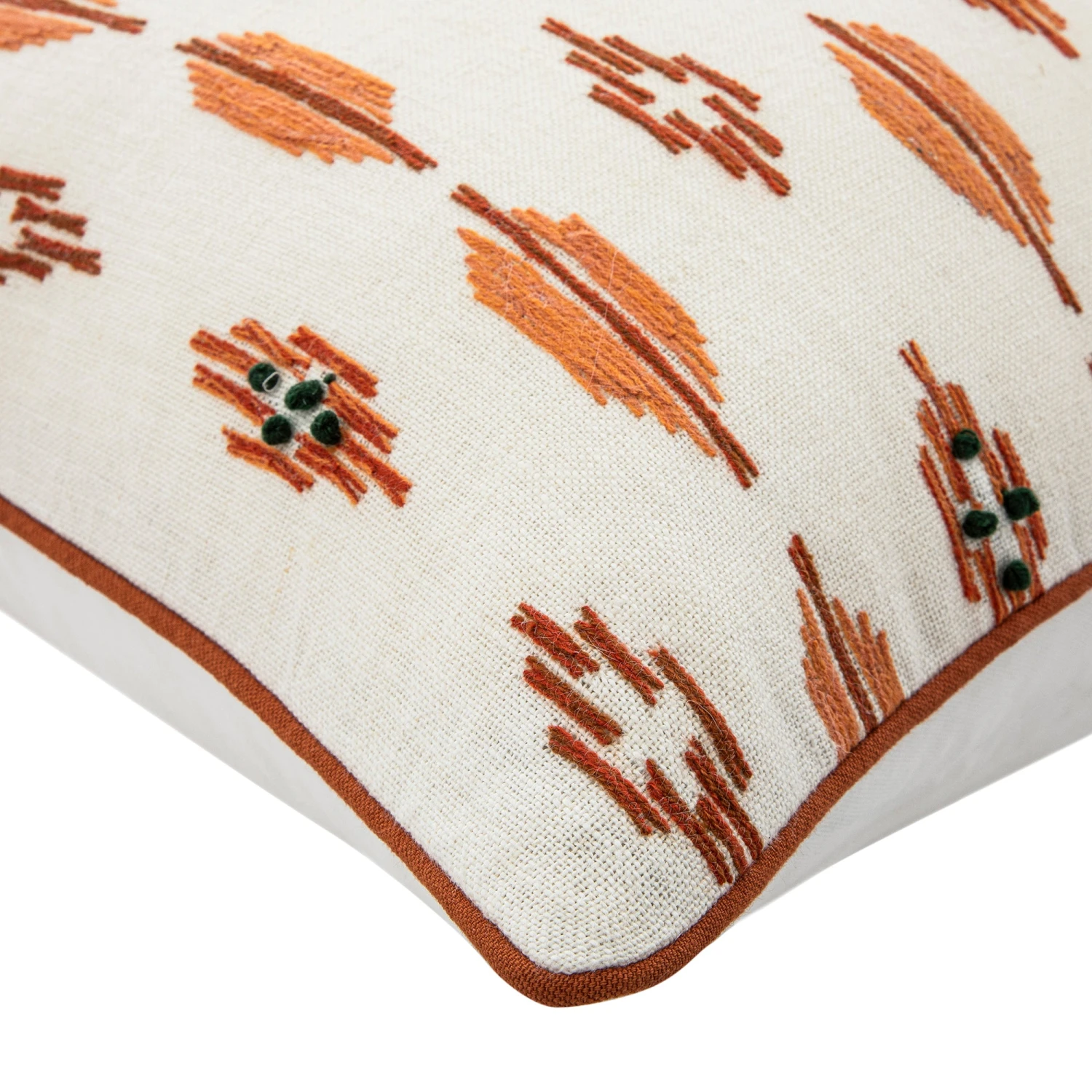 Patola Ikat Orange and Green French Knot Linen Cushion – 50x50 Luxury Hand-Embroidered Pillow 2 Patola Ikat Orange and Green French Knot Linen Cushion – 50x50 Luxury Hand-Embroidered Pillow - Image 2