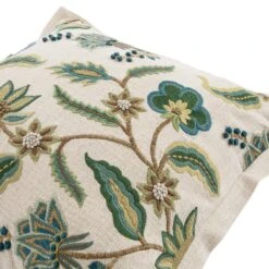 Flora & Fauna Jacobean Oasis Natural Cream – Hand Embroidered Bird & Floral Motif Luxury Cushion -Daals Store HW CUSH JACOOASIS detail1