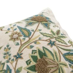 Flora & Fauna Jacobean Paradise Cream Hand Embroidered Cushion - Vintage Floral & Bird Pattern Decorative Pillow -Daals Store HW CUSH JACOPARADISE detail1