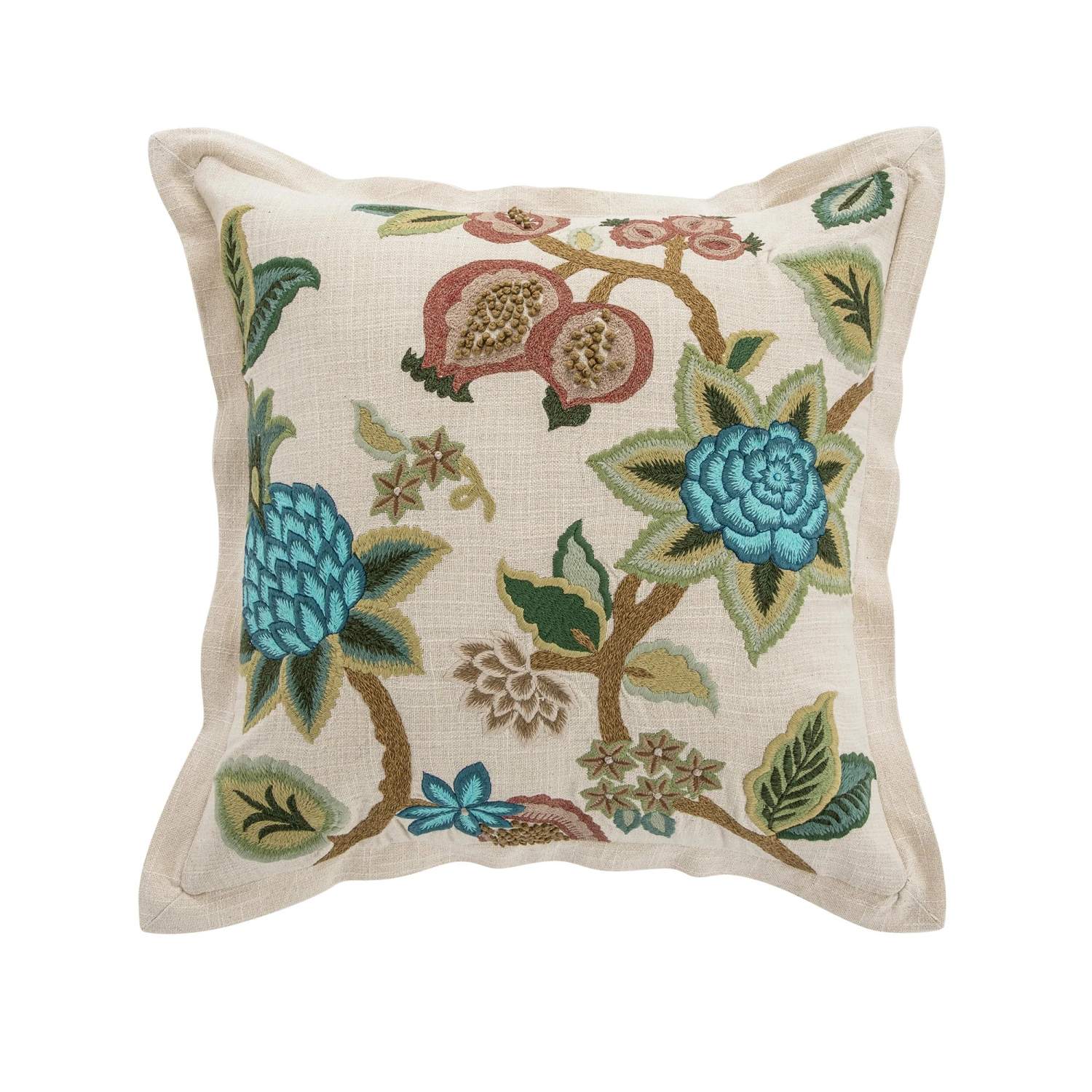 Flora & Fauna Hand Embroidered Jacobean Pomegranate Cushion 1 Flora & Fauna Hand Embroidered Jacobean Pomegranate Cushion