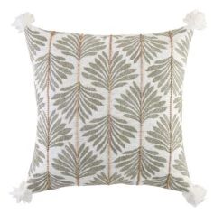 Vine Collection Japonica White Cotton Slub Cushion – Hand Embroidered Leaf & Wooden Bead Detail with Tassels -Daals Store HW CUSH JAPONICA45 WB1