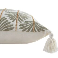 Vine Collection Japonica White Cotton Slub Cushion – Hand Embroidered Leaf & Wooden Bead Detail with Tassels -Daals Store HW CUSH JAPONICA45 detail1