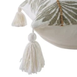 Vine Collection Japonica White Cotton Slub Cushion – Hand Embroidered Leaf & Wooden Bead Detail with Tassels -Daals Store HW CUSH JAPONICA45 detail2