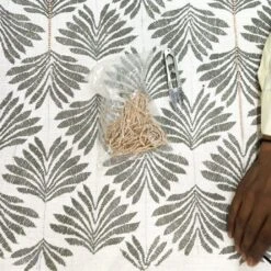 Vine Collection Japonica White Cotton Slub Cushion – Hand Embroidered Leaf & Wooden Bead Detail with Tassels -Daals Store HW CUSH JAPONICA45 detail5