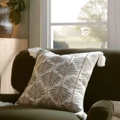 Vine Collection Japonica White Cotton Slub Cushion – Hand Embroidered Leaf & Wooden Bead Detail with Tassels