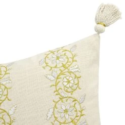 Jasmina Cream Floral Embroidered Linen Blend Tassel Cushion – Elegant Jasmine Vine Decorative Pillow -Daals Store HW CUSH JASMINA detail1